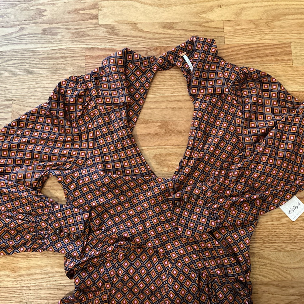 Free People Brown Long Sleeve Printed Wrap Mini Dress - Picture 4 of 16